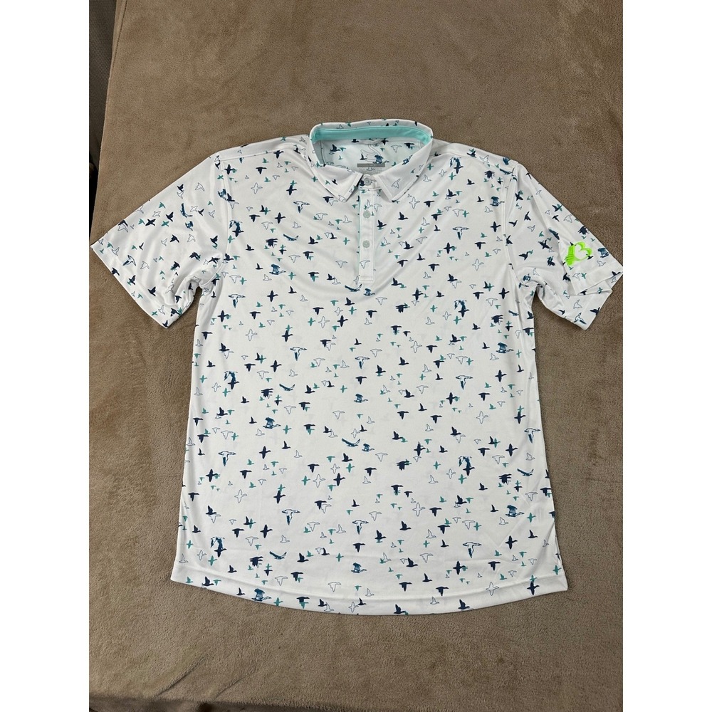 Swannies Golf Polo Shirt Men's Size L White Blue Bird Print AOP Short Sleeve EUC